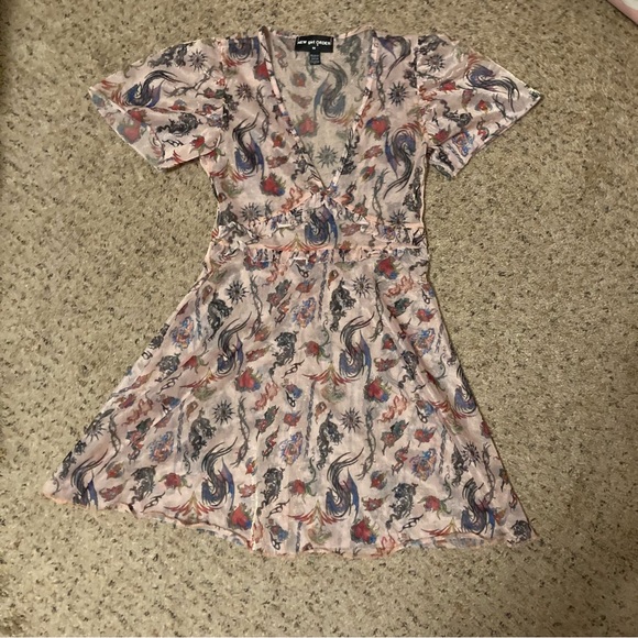 New Girl Order Dolls Kill 90s sheer tattoo print New School metallic mini dress - Picture 1 of 6